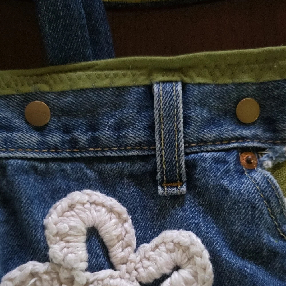 HAND CRAFTED Possible Bag UPCYCLED Blue Denim Jean Crochet Floral 29 X17 Inch - Picture 7 of 15